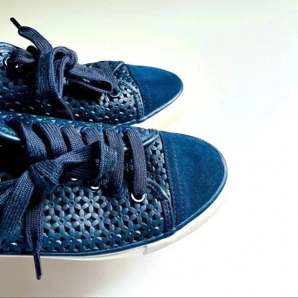 Tory Burch Navy Floral Perforated Leather/Suede Sneakers
